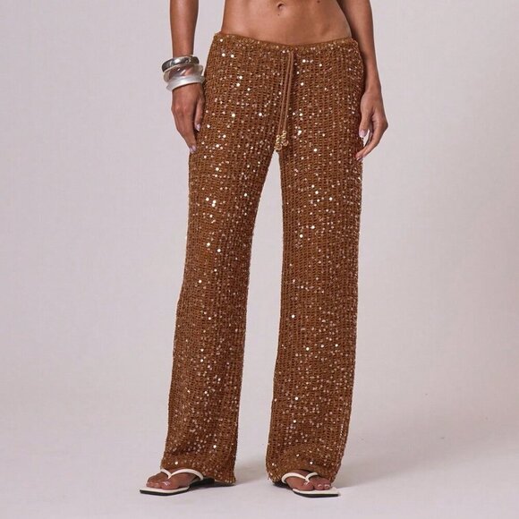 Rust Brown Women's Resort Drawstring Waist Sequin Relaxed Wide Leg pants - Picture 3 of 8